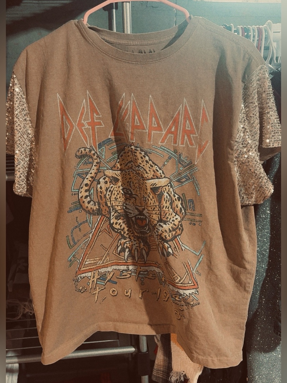 Brown Short Sleeve Graphic Tee with Sequin Sleeves